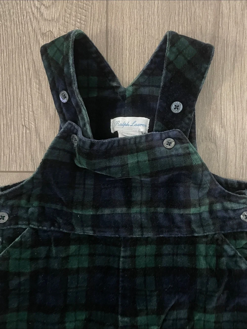 Ralph Lauren Baby Green & Black Plaid Velvet Overalls Sz:6-9M